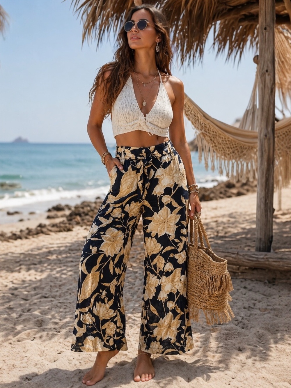 New Joie Women’s 100% Linen Navy W Golden Floral Print Wide Leg Pants Sz 8